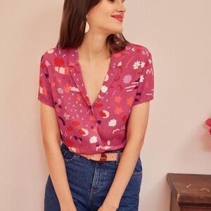 Des Petits Hauts Fuchsia pink Roseline short sleeves Shirt Blouse retro T2